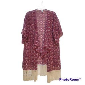 LuLaRoe Monroe Kimono Pink Multi-Color Chiffon Geometric Ivory Fringe Large